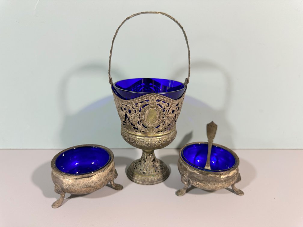  Victorian Silver-Plated Condiment Set with Cobalt Blue Glass Inserts