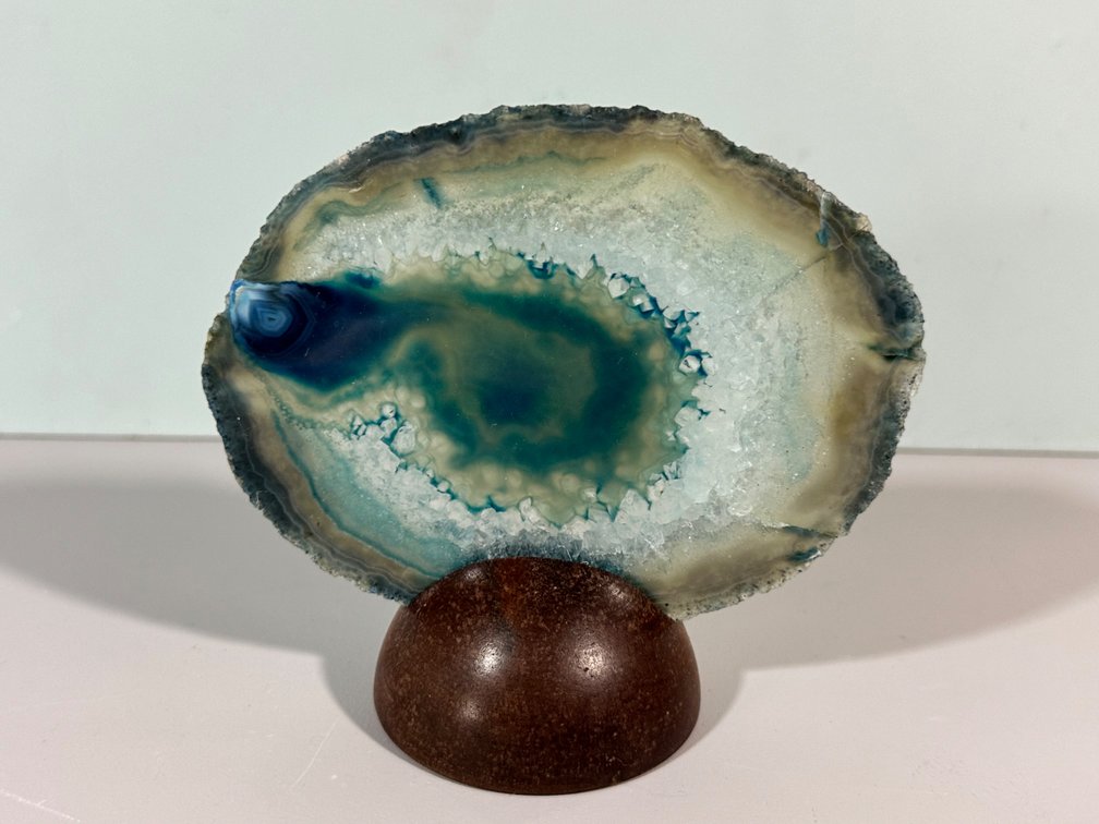 Stunning Blue Agate Slice on Wooden Stand