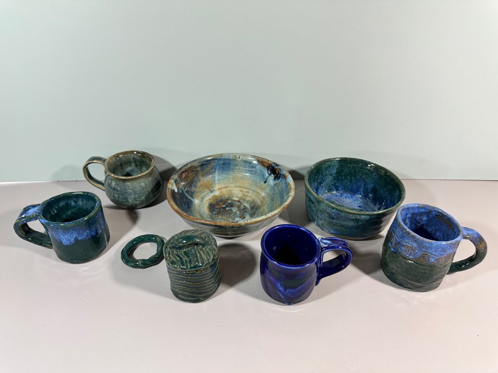 Assorted Collection of Handcrafted Blue and Green Ceramic Dishware