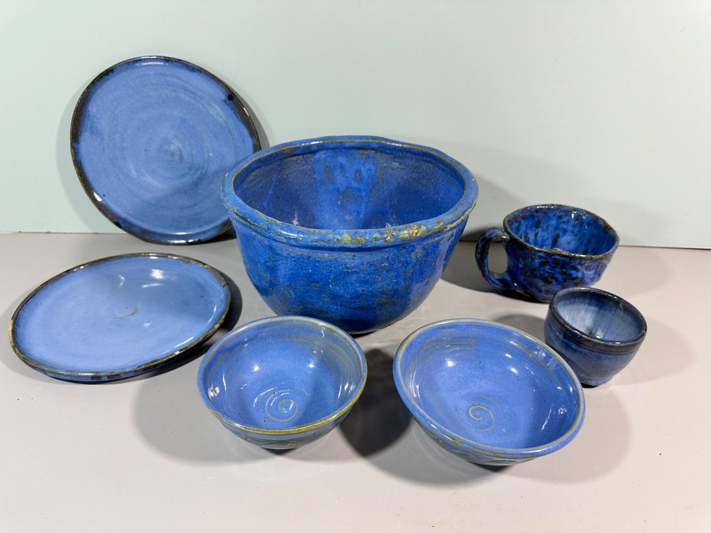 Handcrafted Blue Pottery Bowl and Plate Set