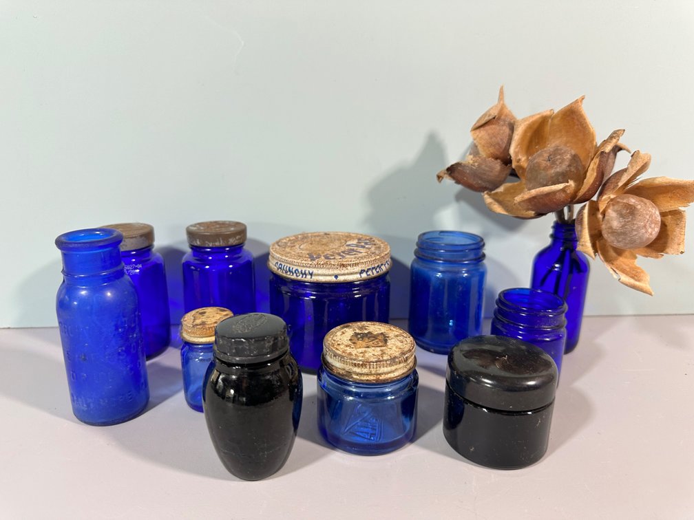Collection of Vintage Cobalt Blue Glass Jars and Bottles