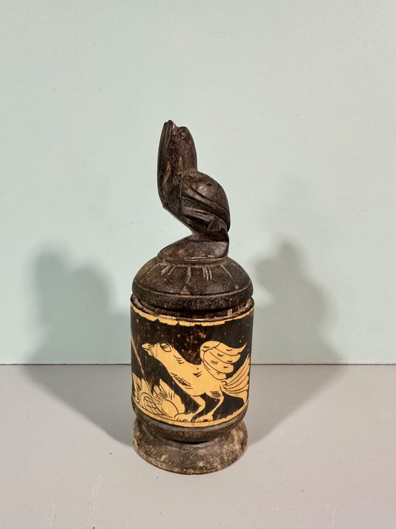 Hand-Carved Wooden Decorative Container with Bird Motif