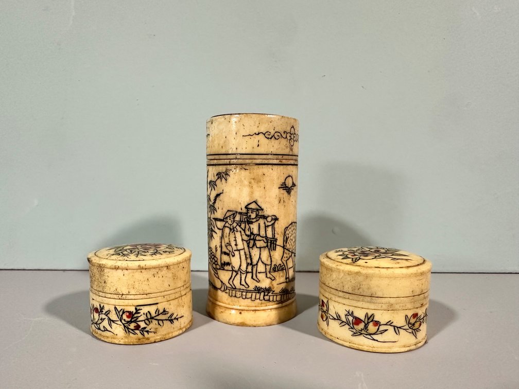 (X's 3) Antique Hand-Painted Bone Containers