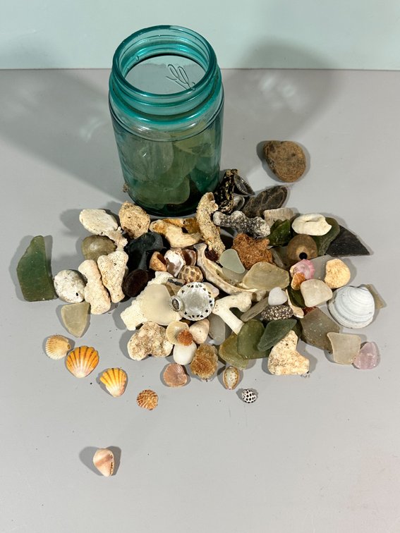 Collection of Sea Glass, Shells, and Beach Treasures in Mason Jar