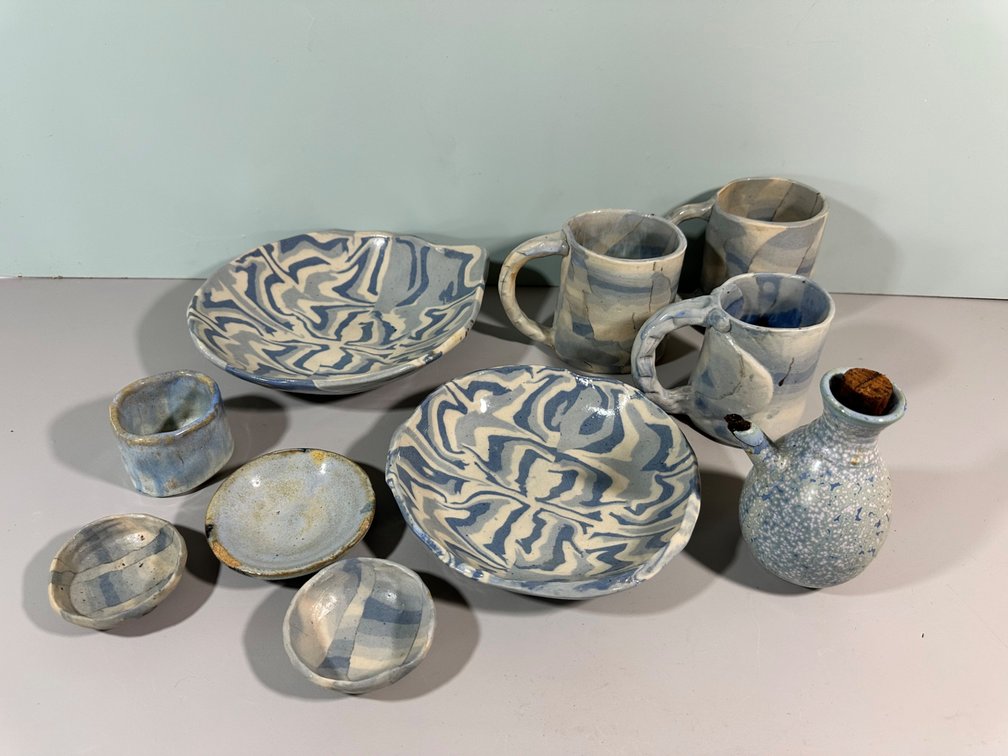 Collection of Handcrafted Blue and White Marbled Ceramic Dishware