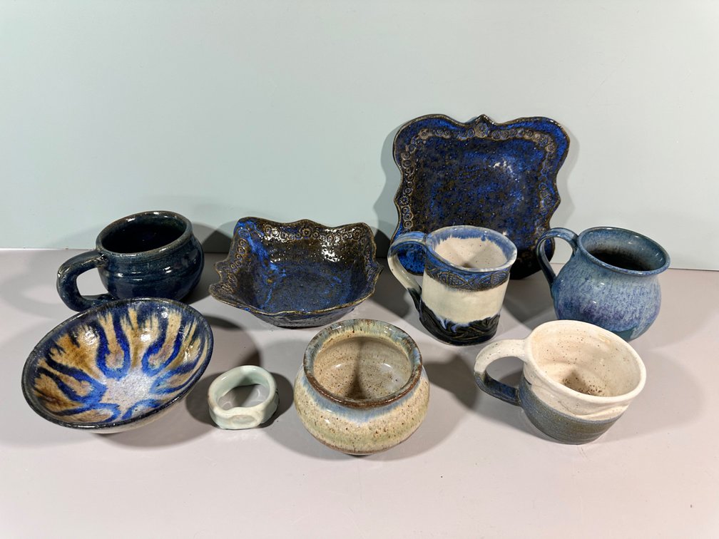 Assorted Collection of Handcrafted Blue and White Ceramic Dishware