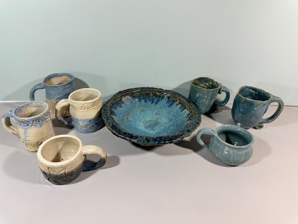  Assorted Collection of Handcrafted Blue and Beige Ceramic Dishware