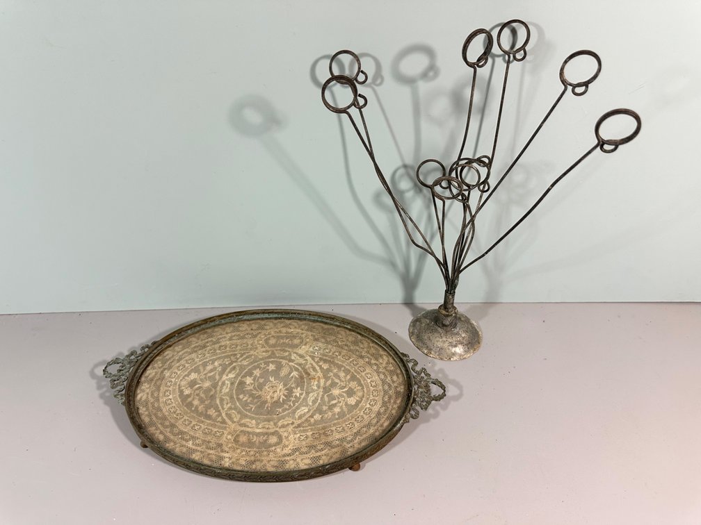 11" Vintage Decorative Tray and Tree Photo Holder Set
