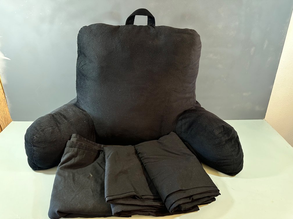 Comfort Backrest Pillow and Set of Three Black Lightweight Curtains