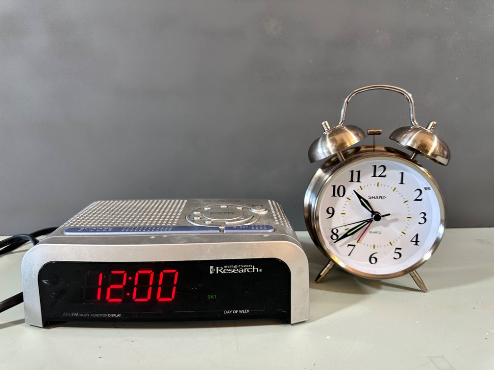 (X's 2) Emerson Research Alarm Clock Radio and Sharp Quartz Twin Bell Analog Alarm Clock