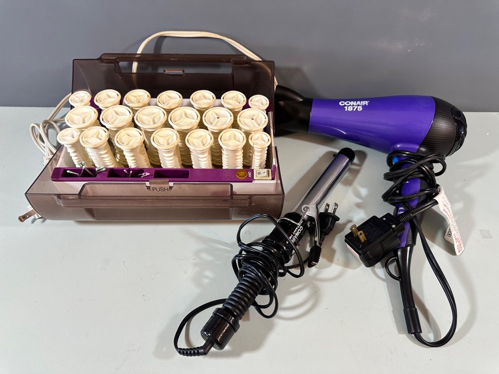 Complete Hair Styling Set: Vidal Sassoon Hot Rollers, Conair Hair Dryer, and Curling Iron
