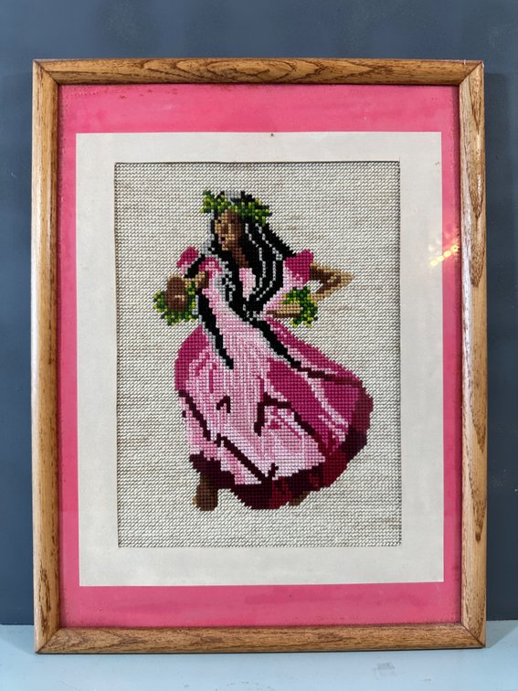 Exquisite Framed Cross-Stitch Artwork of a Dancer in Traditional Dress