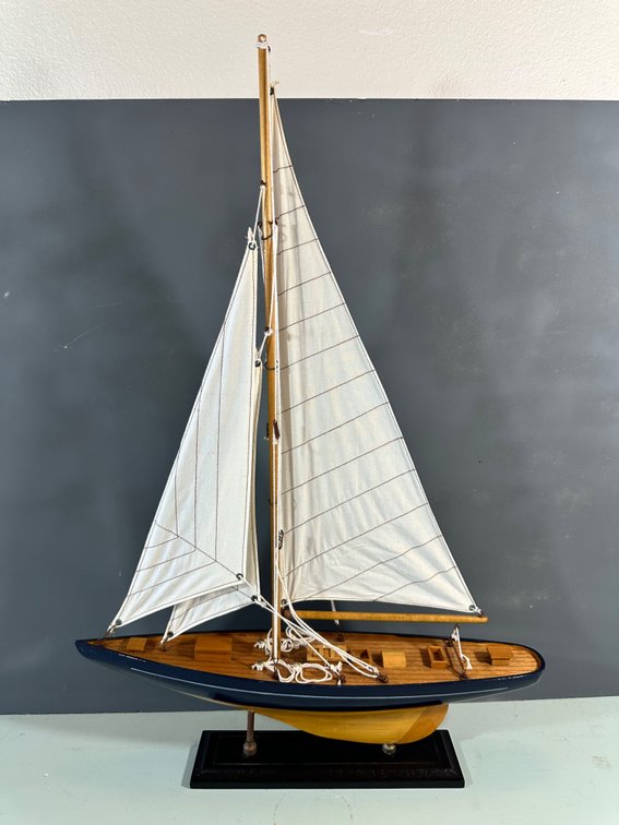 Vintage Style Model Sailboat with Fabric Sails and Wooden Deck