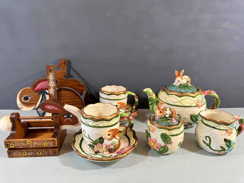 Charming Bunny-Themed Ceramic Tea Set and Decorative Wooden Bunny Carts