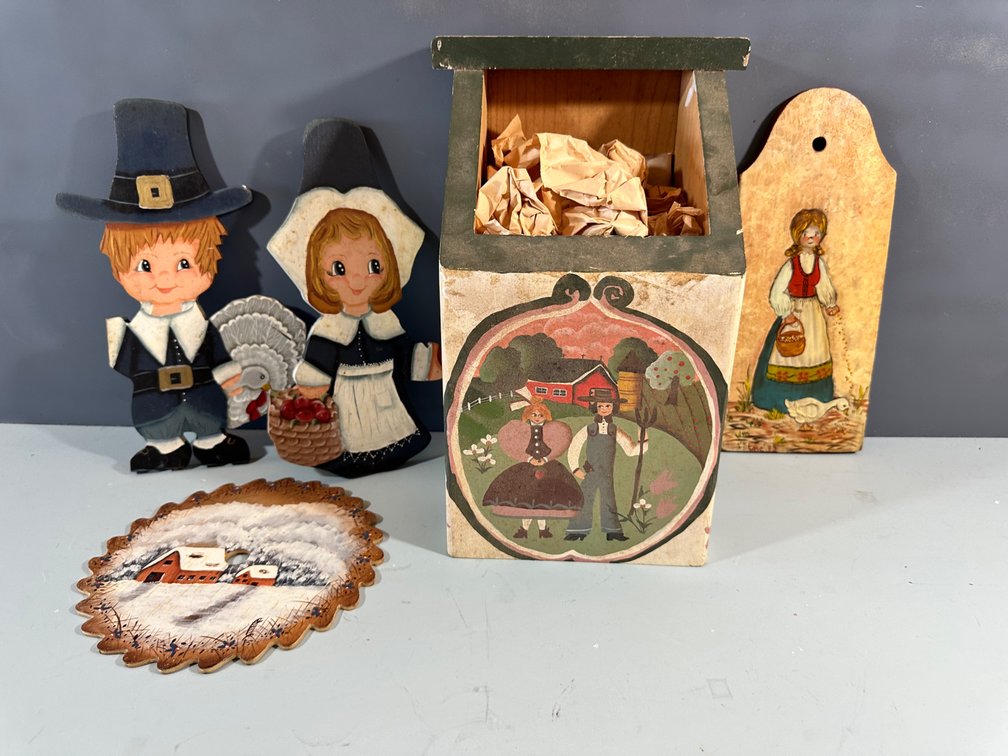 Charming Collection of Folk Art Decor: Pilgrims, Seasonal Trivets, and Decorative Box