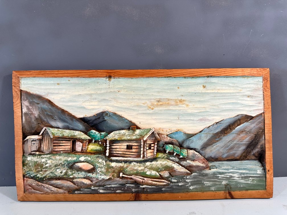 Charming Landscape Artwork with Mountain Cabin Scene