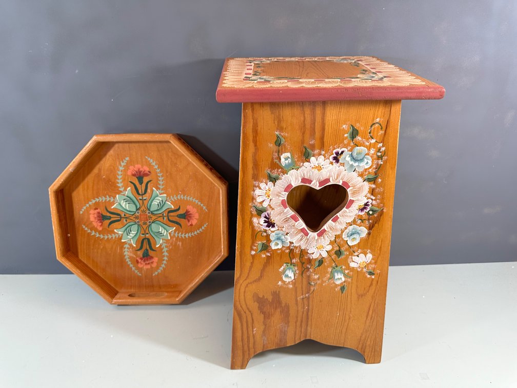 Exquisite Painted Wooden Folk Art Pieces: Stool and Serving Tray