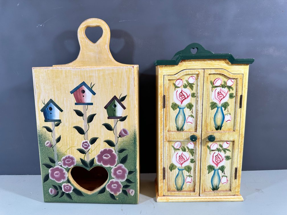 Vibrant Painted Folk Art Wall Hanging and Cabinet