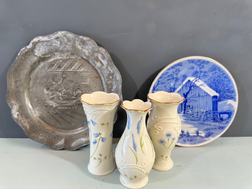 Eclectic Collection of Vintage Decorative Plates and Vases - Lenox, Pewter, and Porcelain