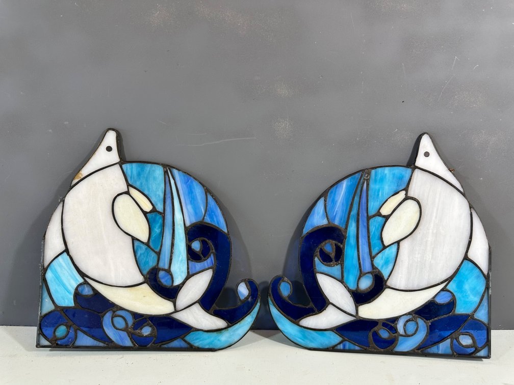 Pair of Stained Glass Dolphin Corner Hangers