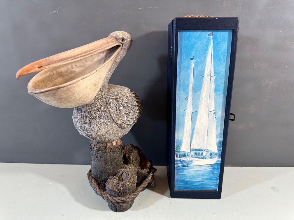 Nautical Decor - Pelican Statue and Wine Bottle Holder