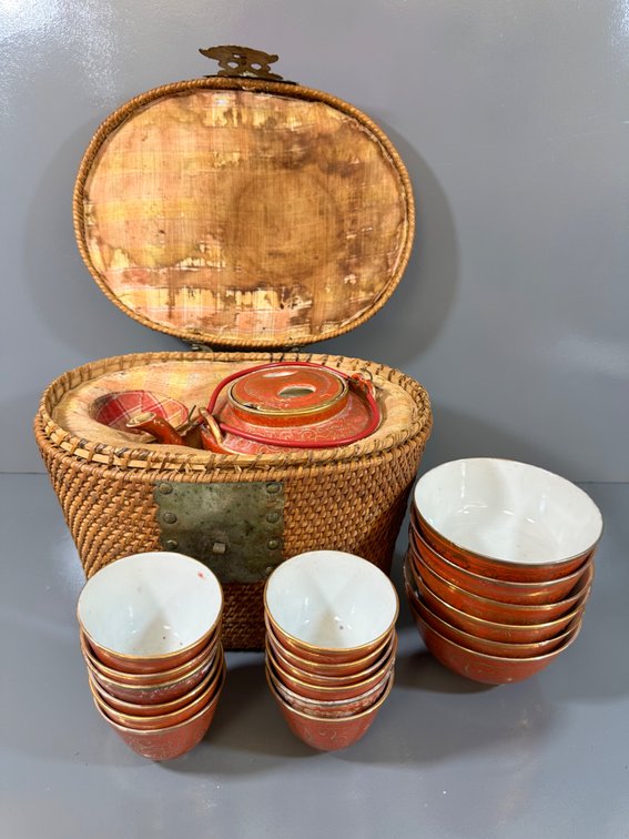 Antique Chinese Tea Set with Wicker Basket