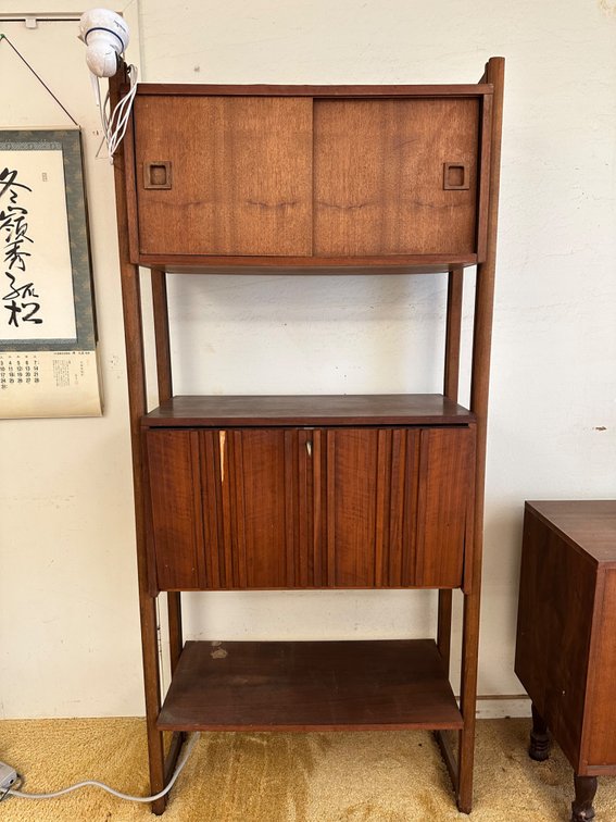 Mid-Century Modern Style Bookshelf with Cabinet and Pull-Down Shelf 