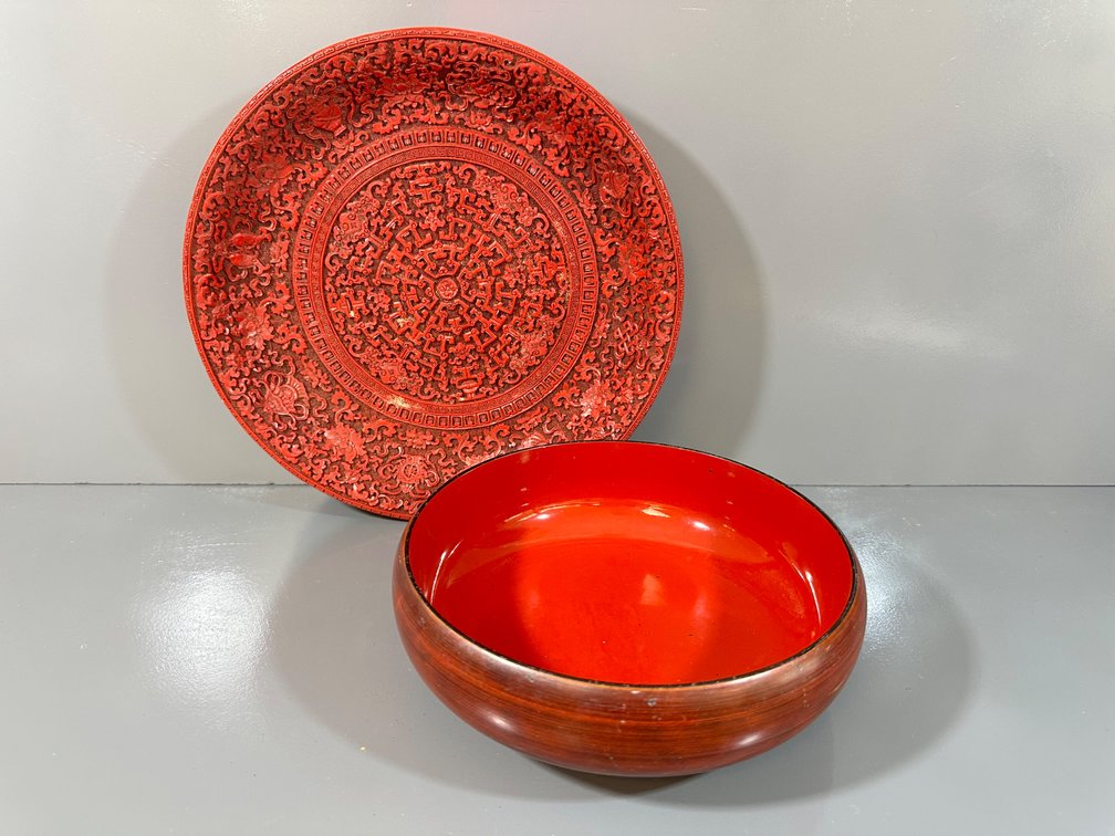 (X's 2) Exquisite Chinese Cinnabar Plate and Red Lacquer Bowl - Detailed Designs