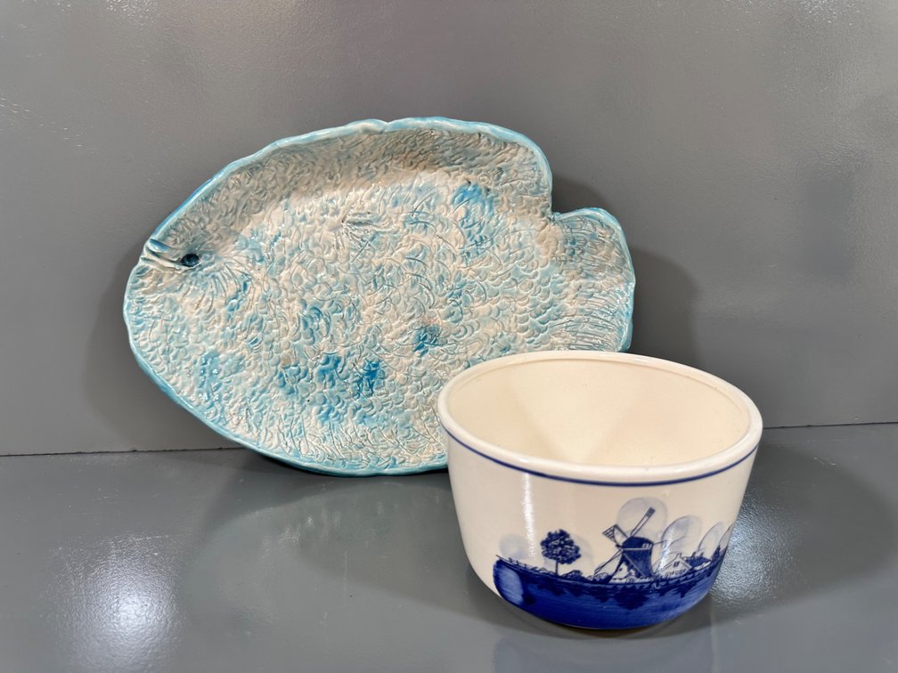 Unique Ceramic Set: Blue & White Bowl and Fish-Shaped Plate