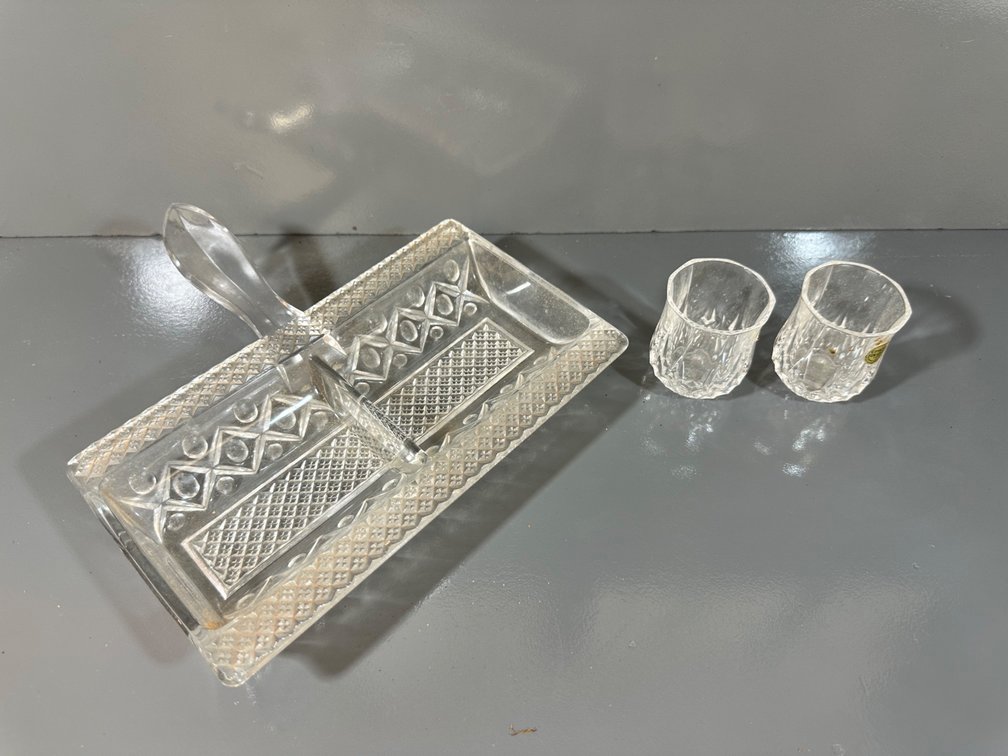 Vintage Crystal Divided Dish with Handle and Two Cristal d'Arques Shot Glasses