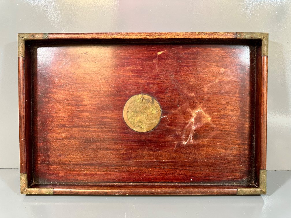 Wooden Serving Tray with Brass Inlay – Approx. 17" x 11"