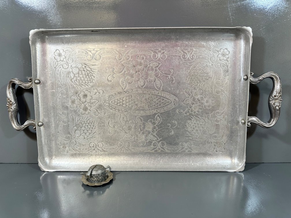 Antique Embossed Metal Serving Tray with Ornate Handles and Matching Teapot Infuser
