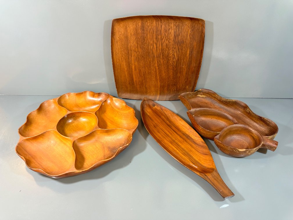 (X's 4) Carved Wooden Serving Dishes - Set of Four Unique Designs
