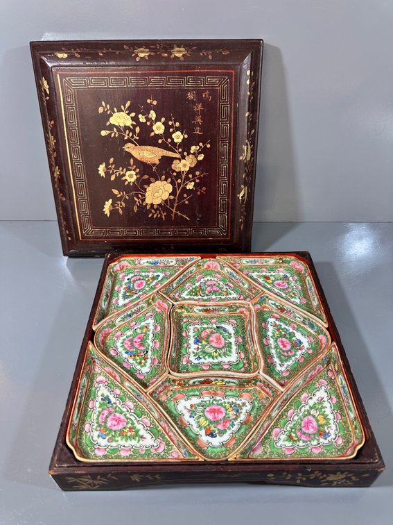 Vintage Hand-Painted Wooden Box with Intricate China Inserts