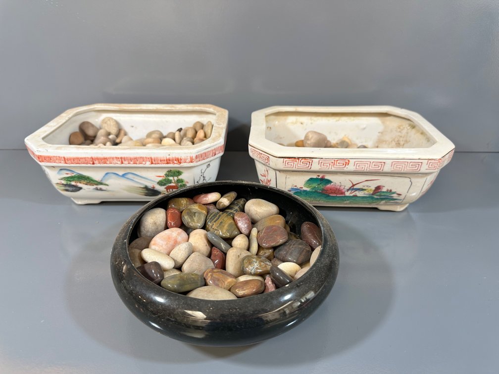 Set of Three Decorative Chinese Bonsai Pots with Colorful Stones