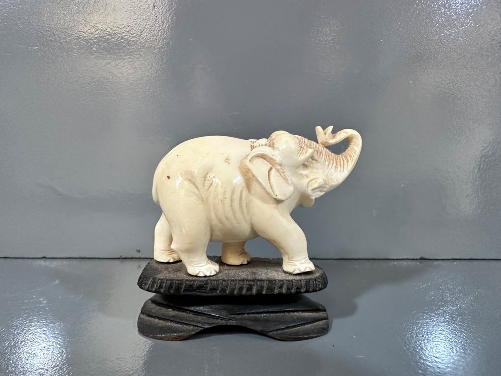 Elephant Figurine on Wooden Base - Intricately Carved