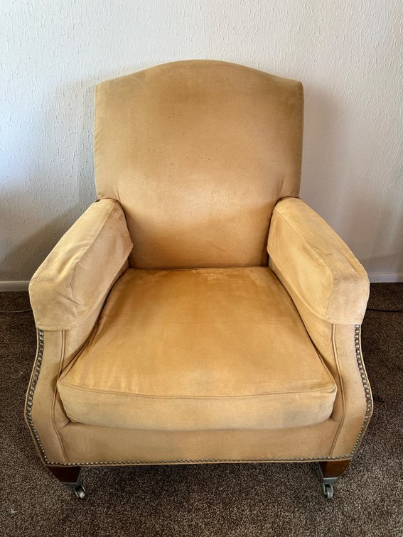 Baker Upholstered Armchair with Decorative Metal Fasteners