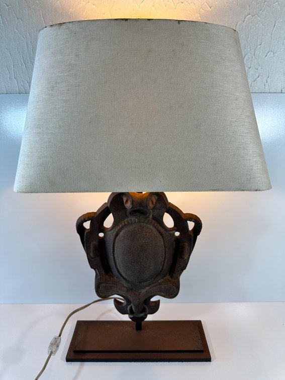 Restoration Hardware Cast Iron Table Lamp with Dimmable Switch  (Note: Shade Has Rust Bleeds)