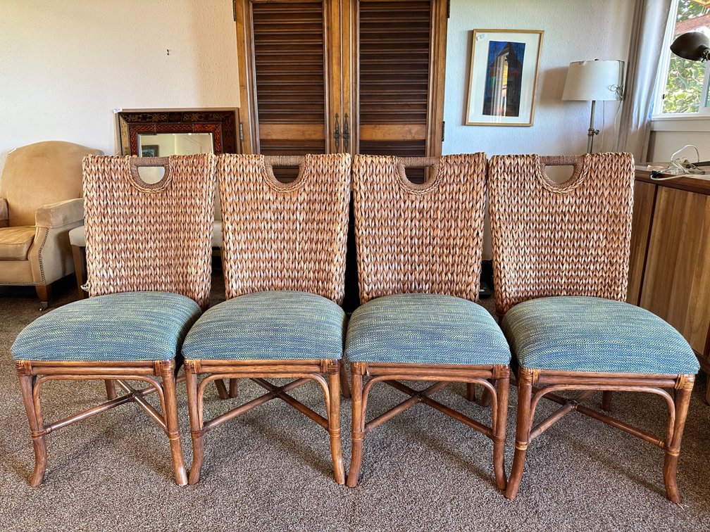 (X's 4) Set of Four Woven Rattan Dining Chairs with Blue Cushions