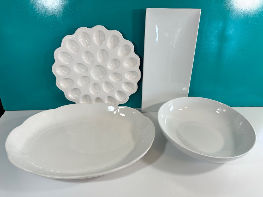 (X's 4) White Ceramic Serveware Set - Includes Egg Plate, Serving Bowl, Rectangular Platter, and Oval Platter