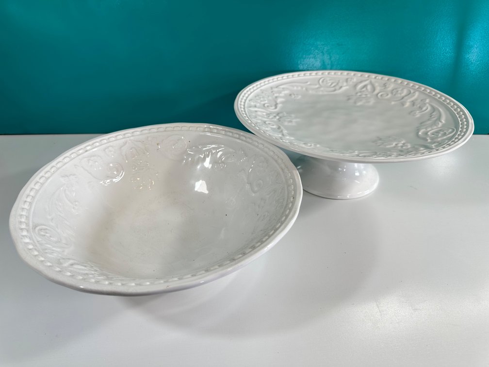 (X's 2) Pier 1 Imports White Ceramic Serving Bowl with Stand - Elegant Embossed Design