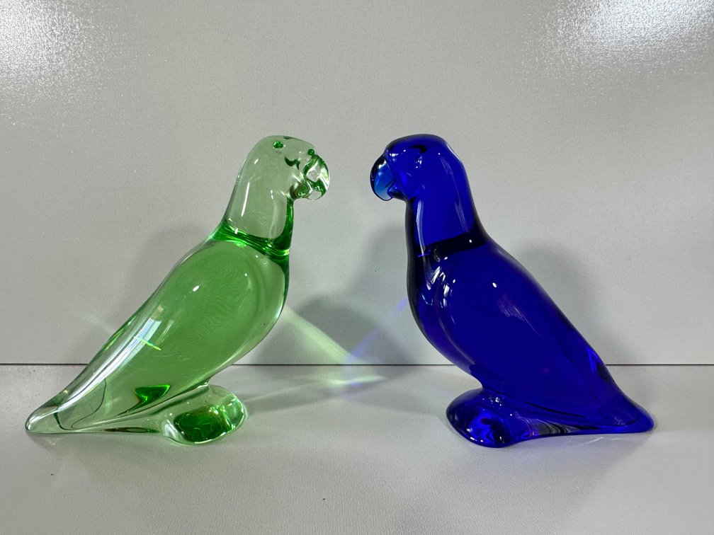 (X's 2) Set of Two Baccarat Crystal Parrot Figurines - Green and Blue