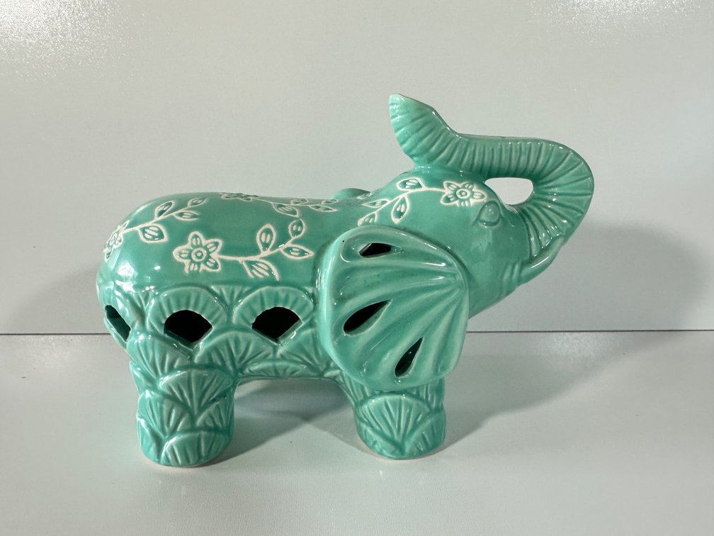 Charming Ceramic Elephant Figurine with Floral Cutouts - Mint Green