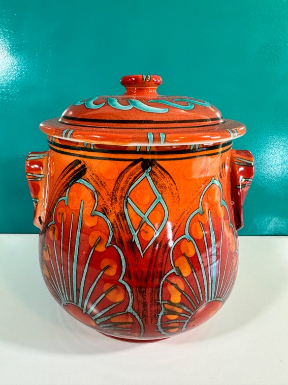 Ceramic Pot with Lid - Vibrant Orange and Blue Design