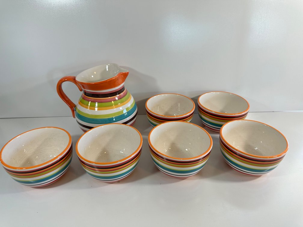 Colorful Striped Ceramic Pitcher and Bowl Set by OmniWare