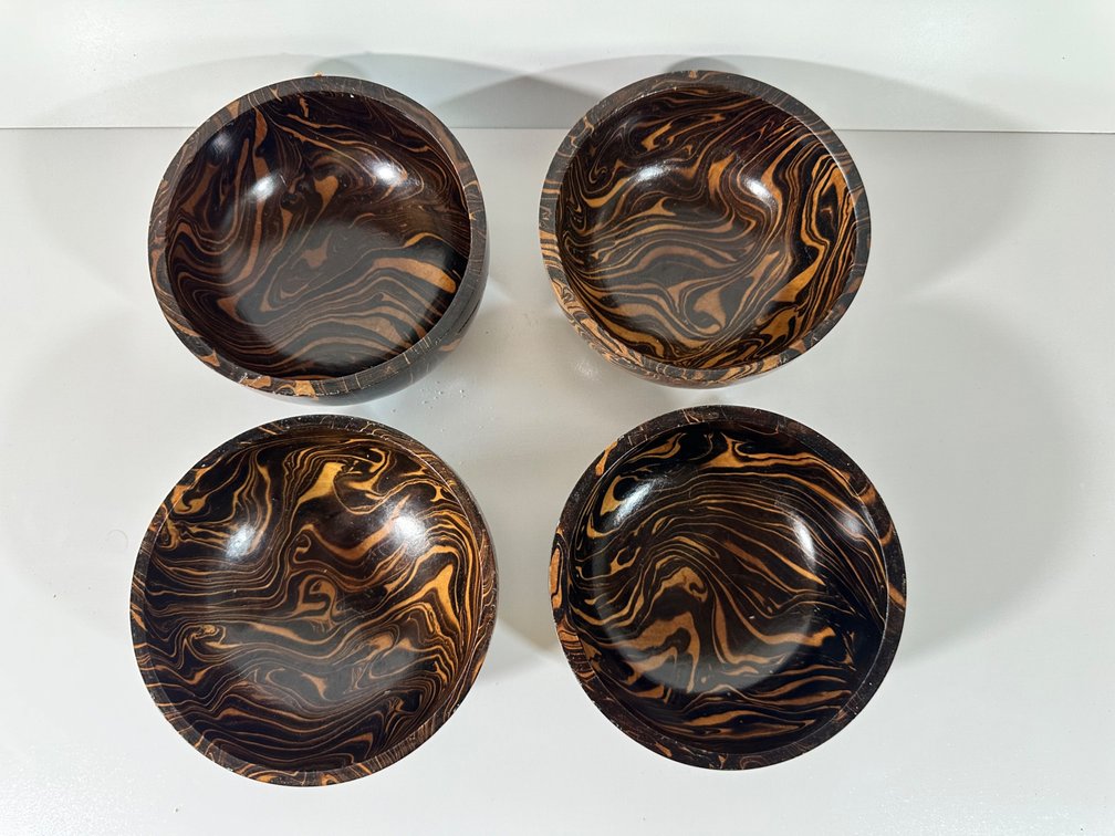 (X's 4) Set of Four Handcrafted Exotic Wood Bowls with Unique Swirled Patterns