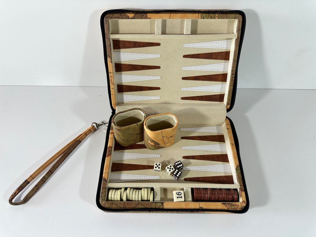Vintage Style Travel Map Design Backgammon Set with Leatherette Case