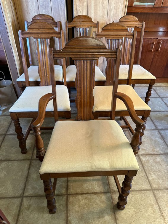 (X's 6) Wood High Back Dining Chairs with Light Colored Cushion Seats