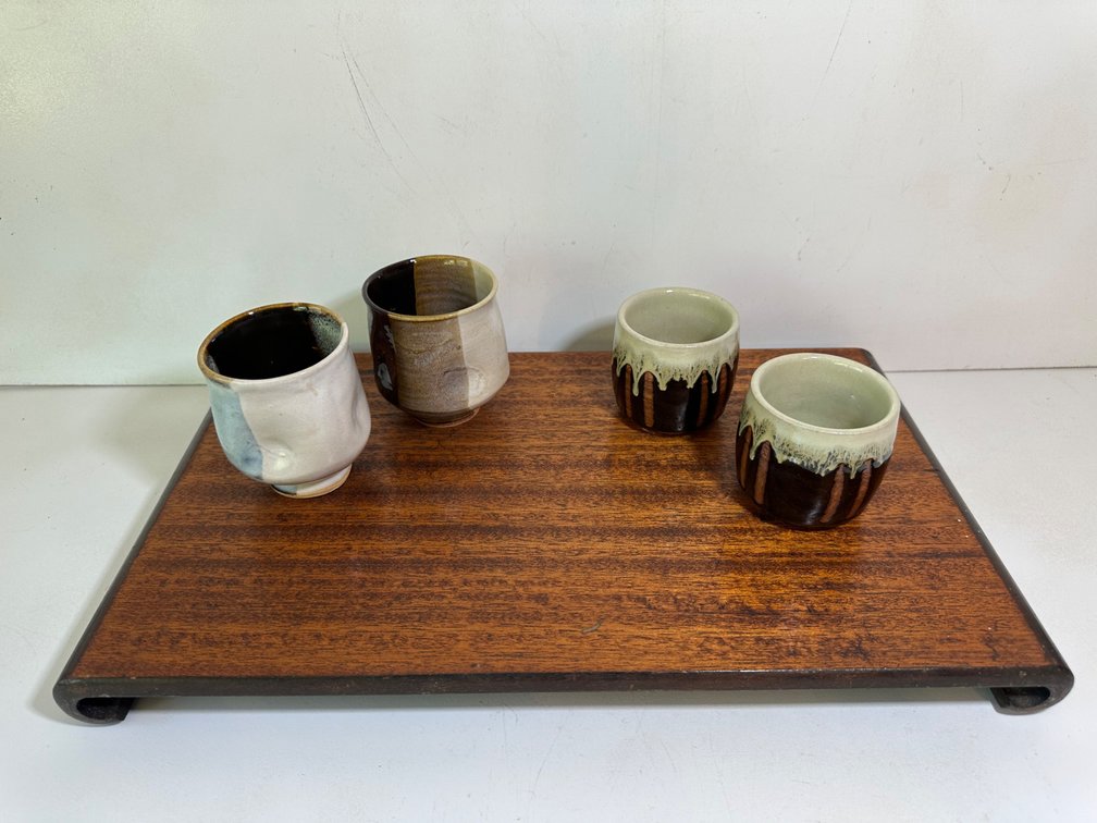 Pottery Handcrafted Cups and Wooden Stand