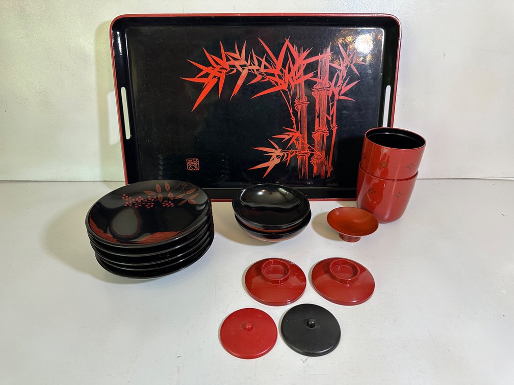 Black Red Asian Lacquer Style Bowls, Cups, Tray and Plates